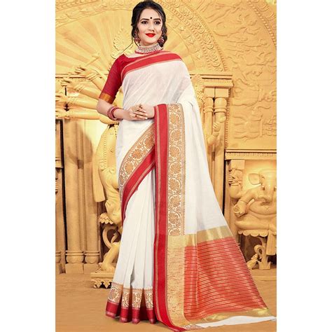 buy white chiffon bengali saree with cotton blouse online sarv03697