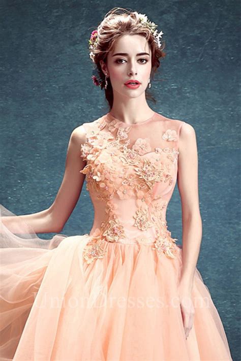 Ball Gown Sleeveless Peach Tulle Ruffle Wedding Prom Dress