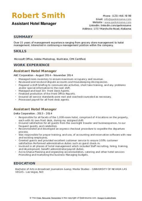 assistant hotel manager resume samples qwikresume