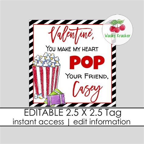 popcorn valentine gift tag editable tag   valentine tags