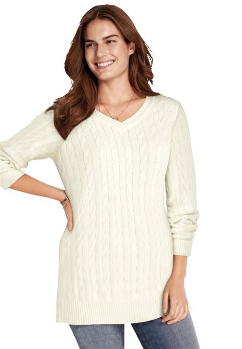 Woman Within Womens Plus Size Cable Knit V Neck Pullover Sweater 14