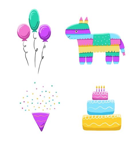 premium vector happy birthday set  cake  pinata donkey toy