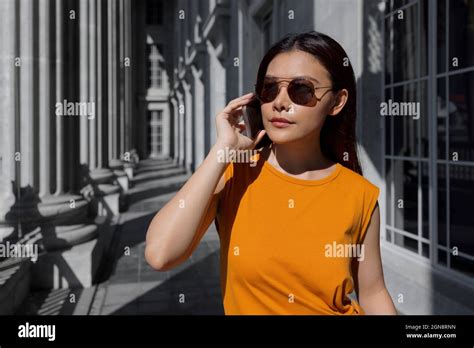 Woman Wearing Sunglasses Talking Smart Phone National Gallery Singapore