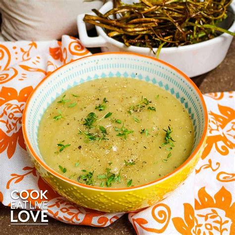 creamy potato and leek soup is lightly flavored with thyme top each