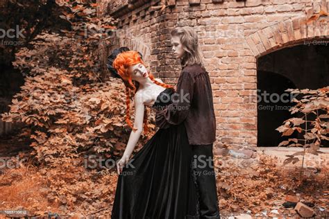 Gothic Couple In Halloween Costume Punk Vampire In Victorian Clothes