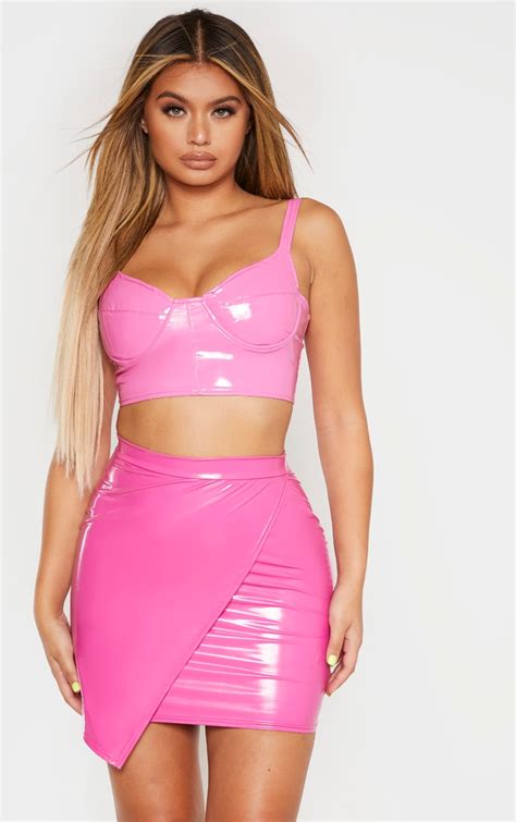 hot pink vinyl wrap mini skirt skirts prettylittlething