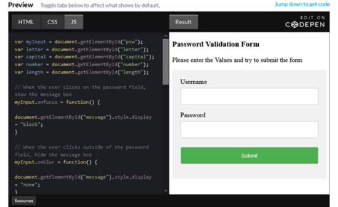 create  password validation form  css  javascript