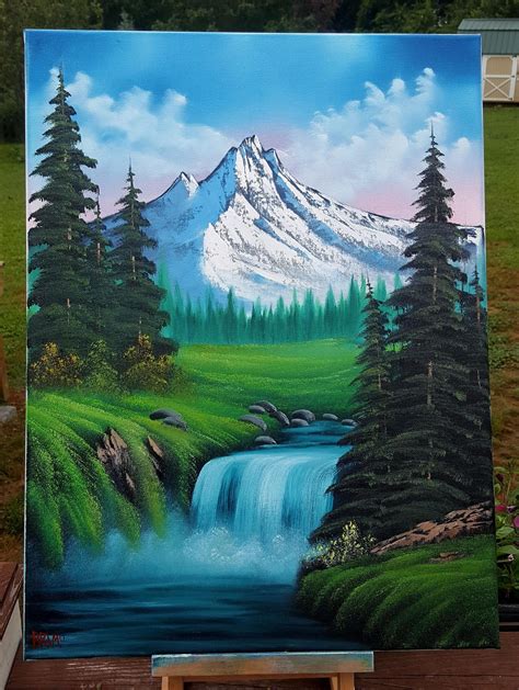 bob ross style mountain waterfall oil  canvas scenery