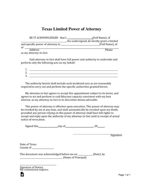 texas limited power  attorney form  word eforms