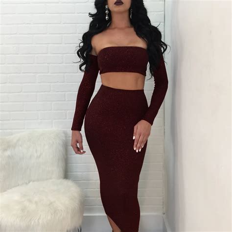 Buy Women 2 Piece Set Bodycon Long Sleeve Crop Top And