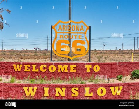 winslow arizona tourist attraction sign  res stock photography