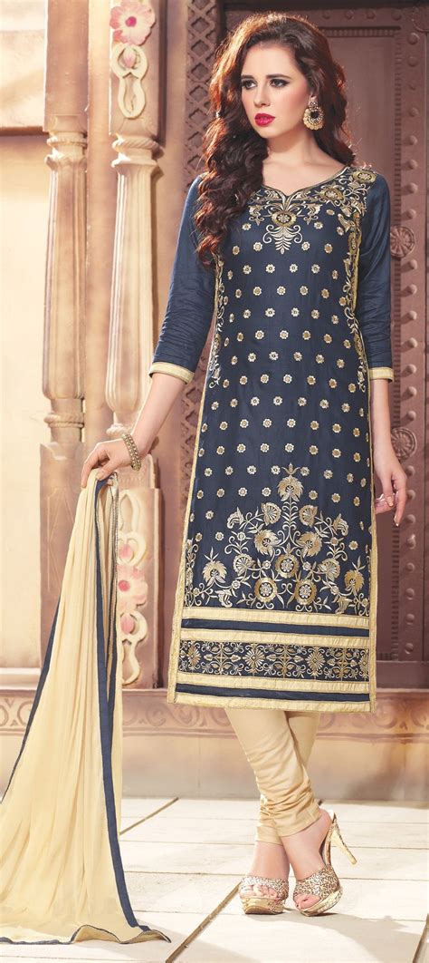 cotton party wear salwar kameez in blue with thread work