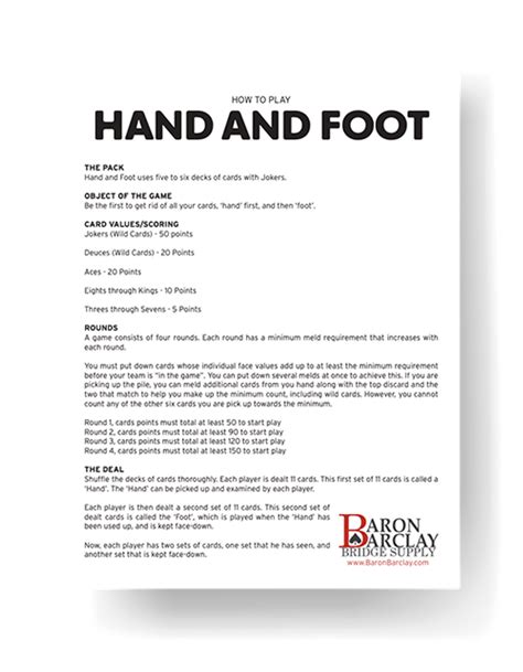 printable hand  foot rules baron barclay bridge supply