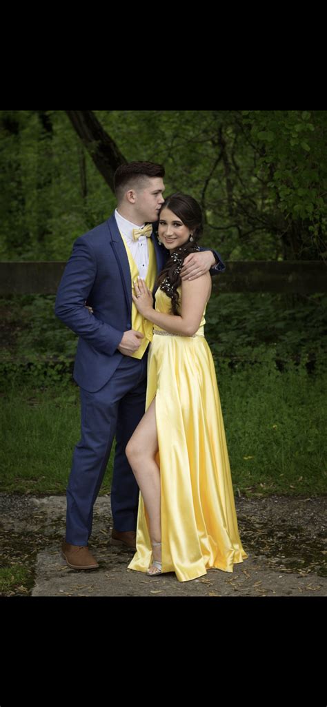 yellow prom dress  navy tuxedo  tan shoes formalpromhomecoming navy blue prom suits