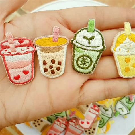 cute bubble pearl milk tea embroidery patches pins kawaii iron on
