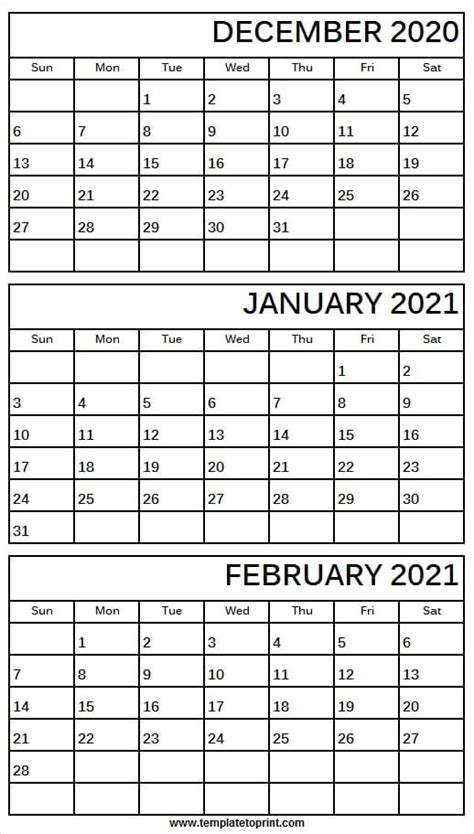 2020 December To 2021 February Calendar Printable
