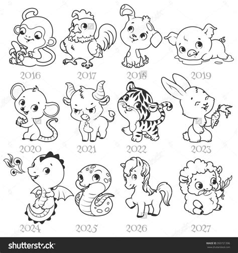 set  zodiac signs  cartoon style chinese zodiac vector