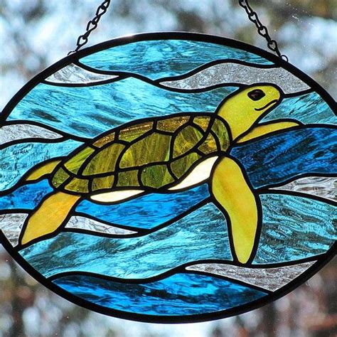 stained glass sea turtle oval suncatcher panel  livingglassart