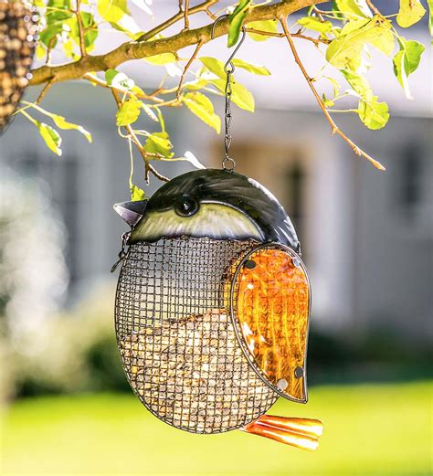 glass chickadee hanging mesh bird feeder plowhearth