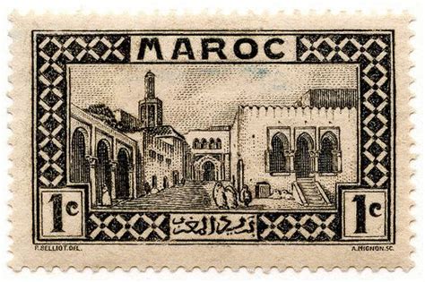 stamp  arabic writing   front  bottom depicting  mosque  morocco