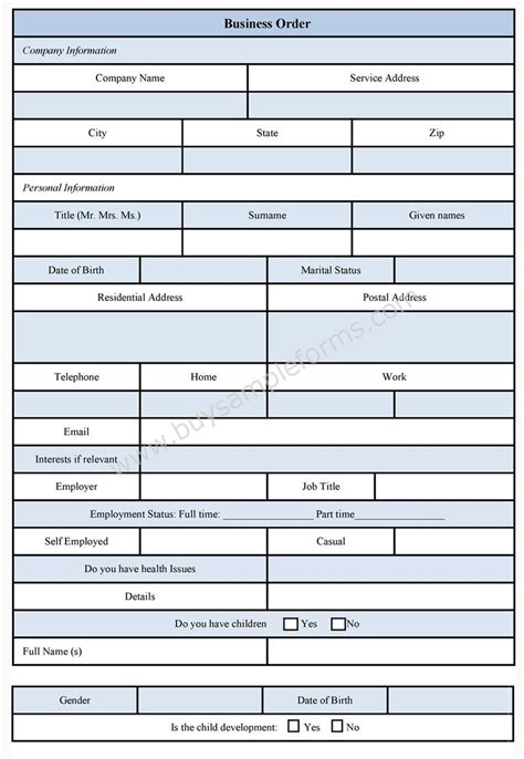 business order form sample forms