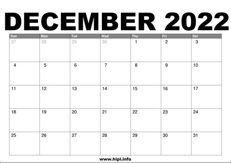 december  calendar printable  hipiinfo