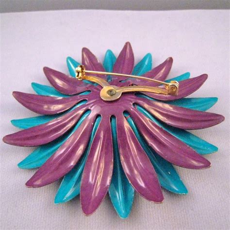 1960s Blue And Purple Enameled Metal Flower Power Pin Retro Jewels