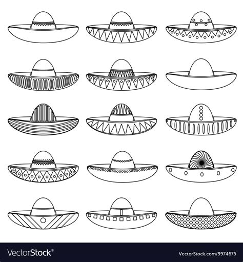 mexico sombrero hat variations outline icons set vector image