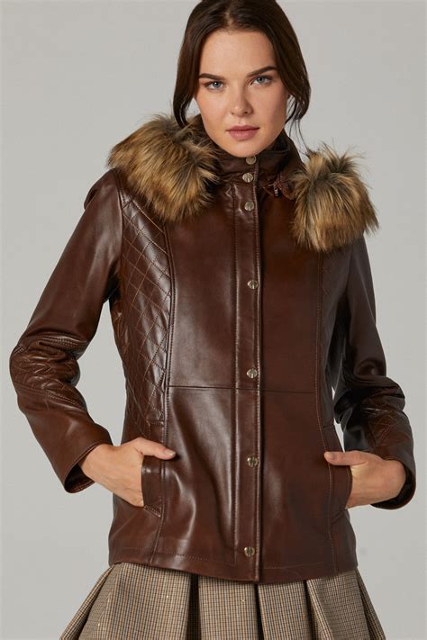 womens faux fur hooded leather jacket  brown ufs
