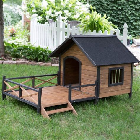 large solid wood outdoor dog house  spacious deck porch dog house diy dog house