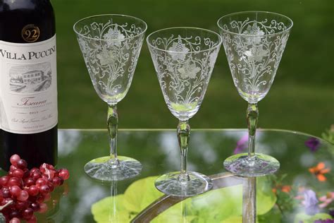 Vintage Needle Etched Crystal Wine Glasses Set Of 5