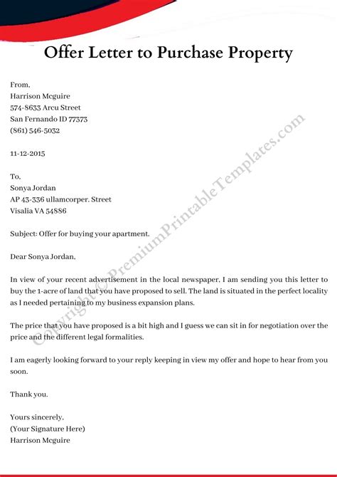 offer letter  purchase property printable    word