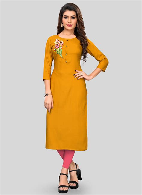 buy mustard embroidered kurti embroidered knee length kurti  shopping krsvf
