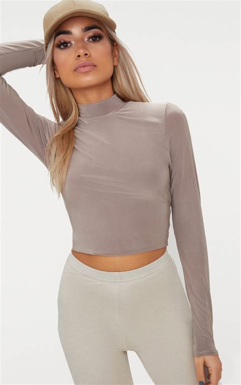 taupe slinky high neck long sleeve crop top prettylittlething ca