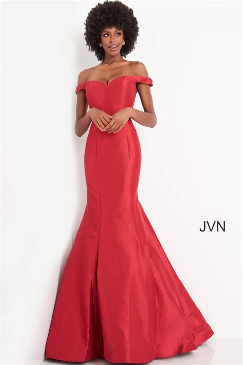 jvn3245 red mermaid off the shoulder prom dress