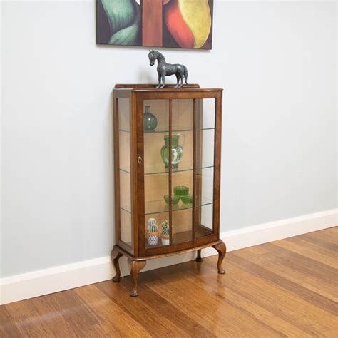 antique vintage bow front glass display cabinet walnut masterfind