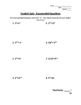 solving exponential equations quizworksheet  rachael green tpt