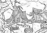 Halloween Haunted Houses Coloring Pages Two Adults Pumpkins Adult Nightmarish Threatening Bats Trees Landscape Events sketch template