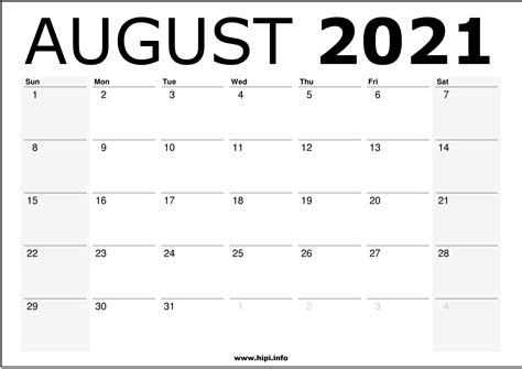 august  calendar printable monthly calendar   hipi