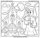 Nun Lineart Holding Outside Cross Church Illustration Happy Clipart Royalty Visekart Vector sketch template