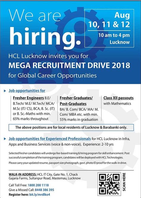 mega recruitment drive   jobs  hcl lucknow barabanki