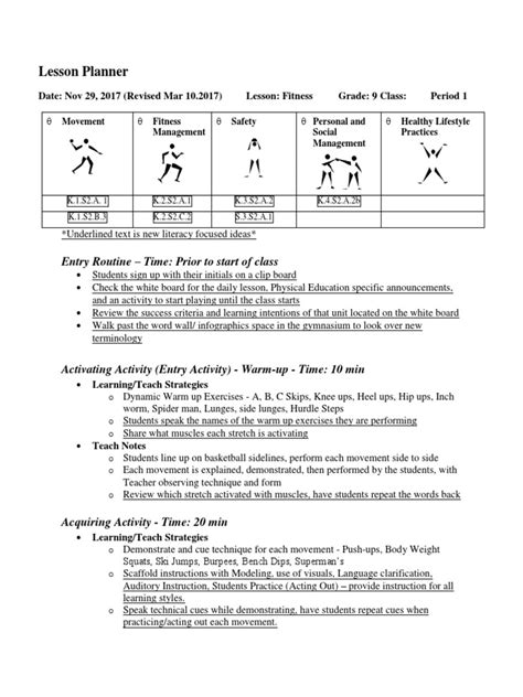 fitness lesson plan good  classroom literacy