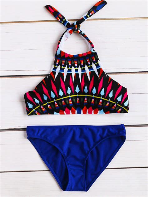 swimwear by borntowear colorful geometric print halter mix and match