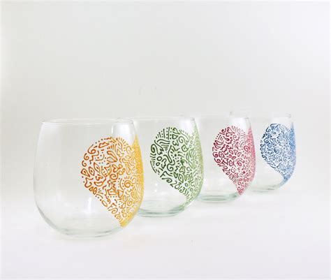 Cute Heart Stemless Wine Glasses Hand Painted Stemless Wine Glasses