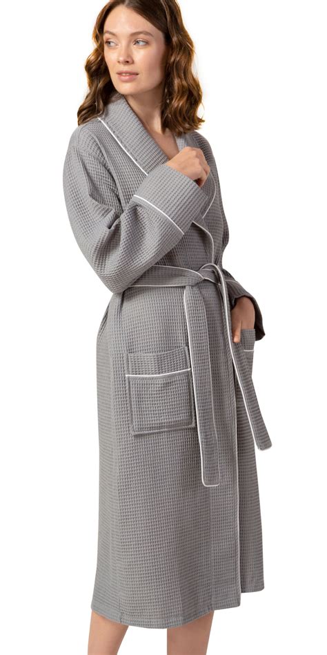 womens luxury waffle shawl collar robe  piping lightweight long ultra soft spa