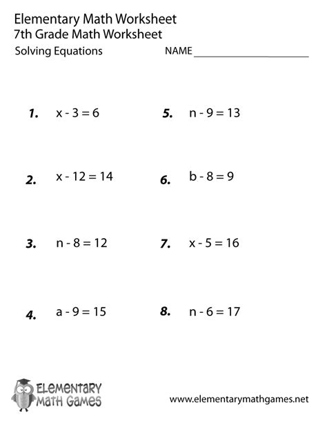 seventh grade solving equations worksheet
