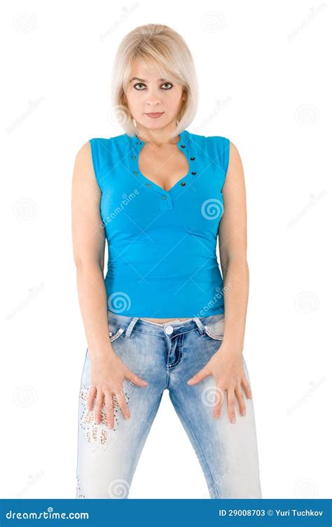 Blonde In A Blue Blouse And Jeans Stock Image Image Of Jeans Fingers