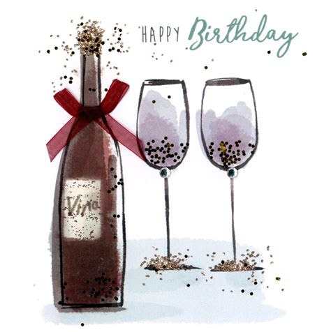 Wine And Glasses Happy Birthday Hand Finished Greeting Card Cards