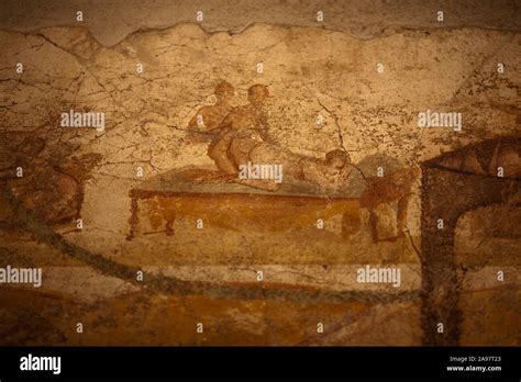 Erotic Art Depicting A Threesome In The Bathhouses Of Pompeii Stock