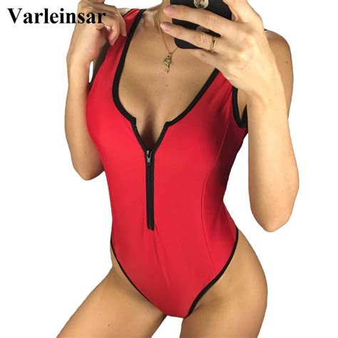 2021 New Sexy Red Zipper High Cut Leg Thong One Piece Swimsuit Women